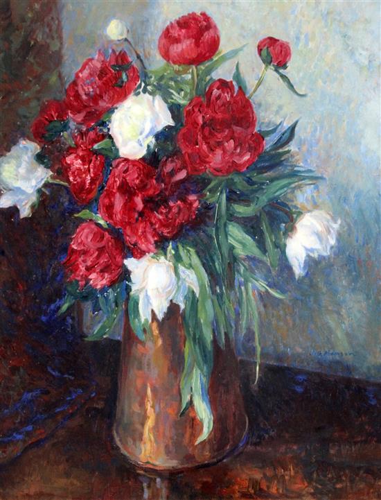 § James Bolivan Manson (1879-1945) Still life of red and white roses in a vase, 23 x 19in.